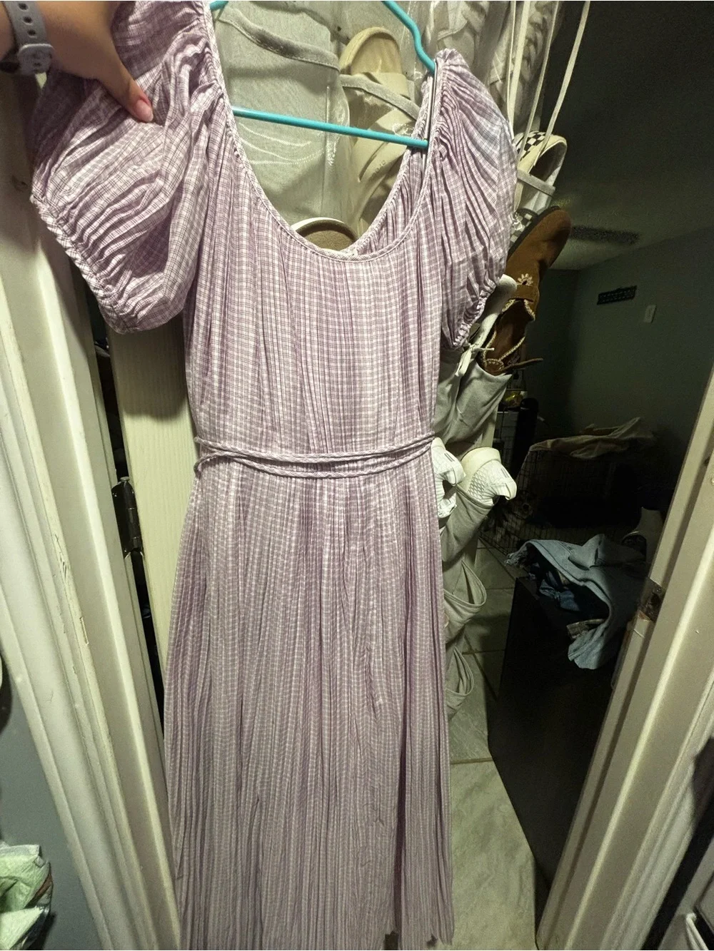 Tory Burch Lilac and White Gingham Puff Sleeve Dress